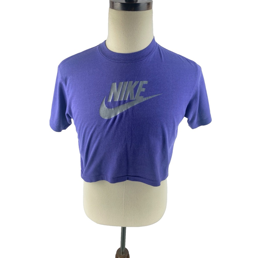 Nike Mens‎ S Vtg 80s Spellout Cropped T-Shirt Purple Single Stitch Half Swoosh